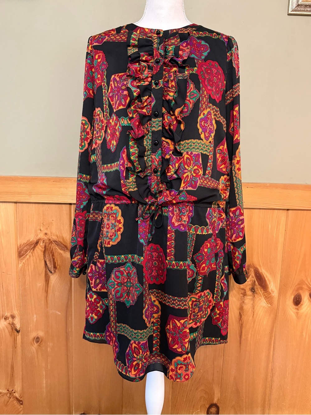 Phoebe Couture Size 10 Paisley Ruffle Long Sleeve Tie Waist Dress